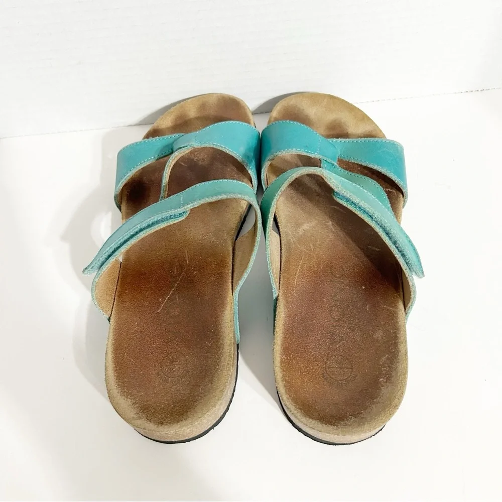 Vionic Teal Leather Pamplona Slide Sandals Cork Orthaheel Footbed Rubber Tread🩵